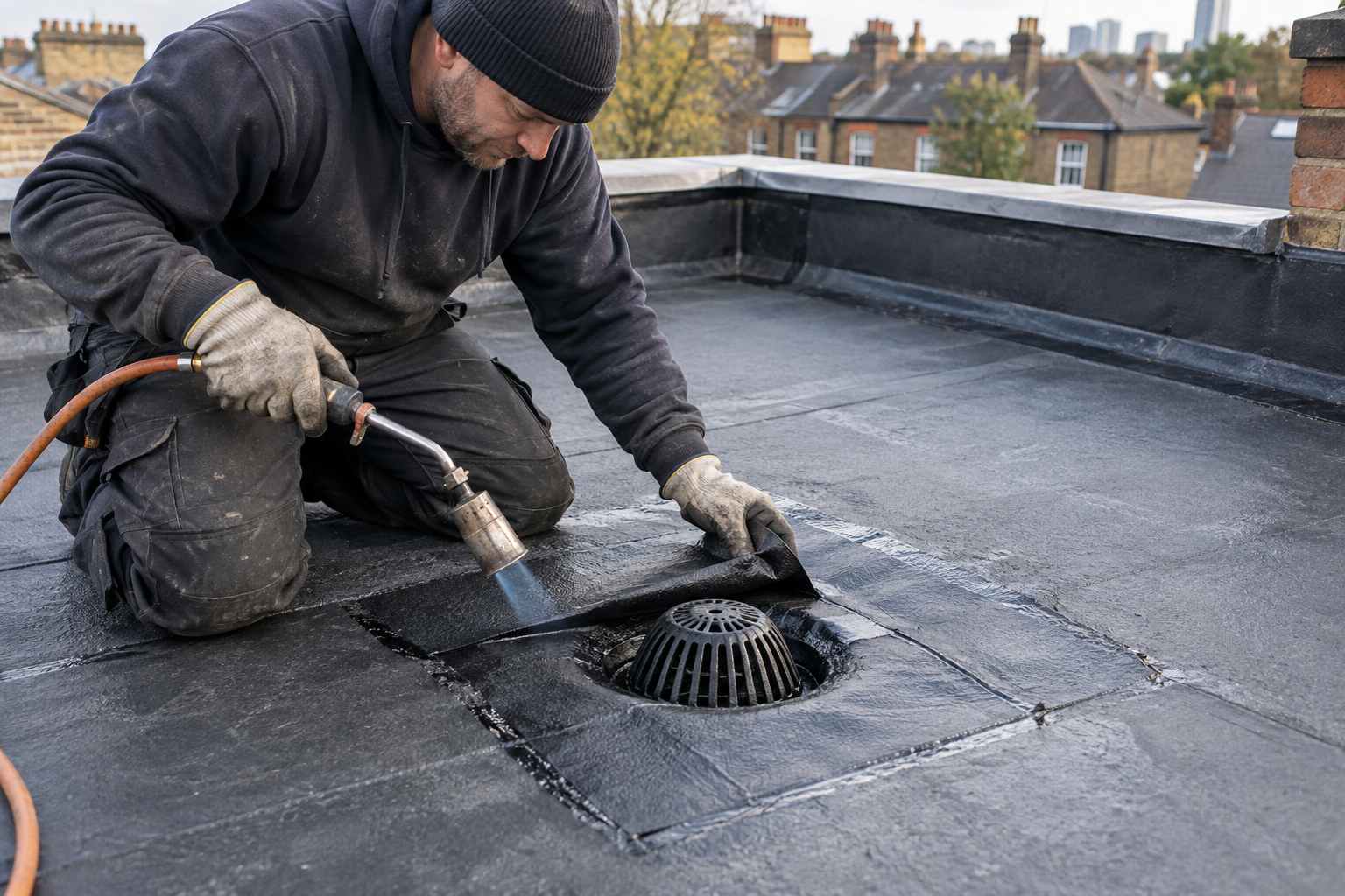 Roofer completing a flat roof repair